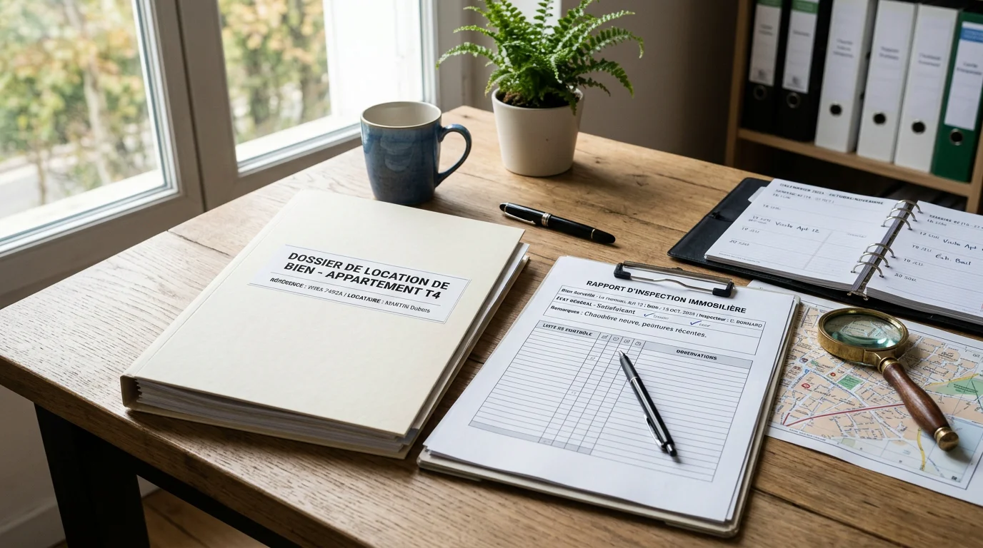 Dossier de diagnostics immobiliers de location posé sur un bureau avec un calendrier