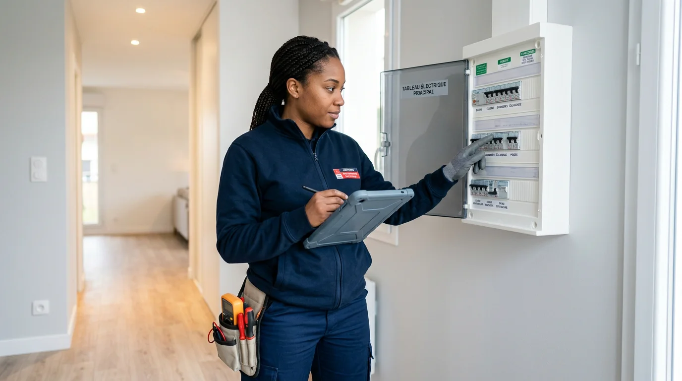 Technicien contrôlant une installation électrique dans un logement destiné à la location