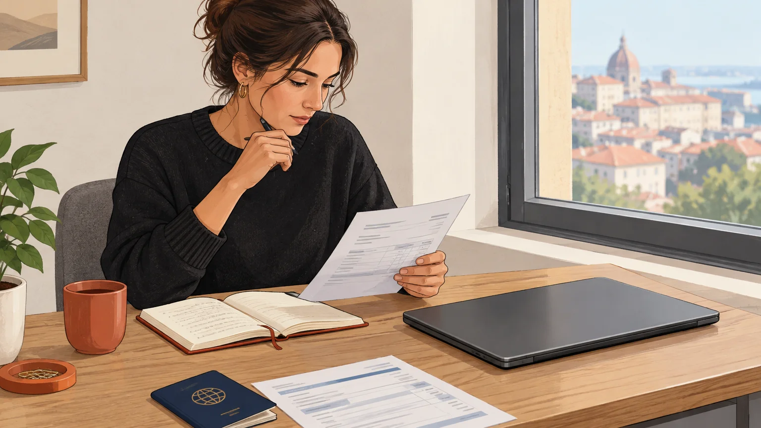 An international coach checks an invoice and payout details at a desk