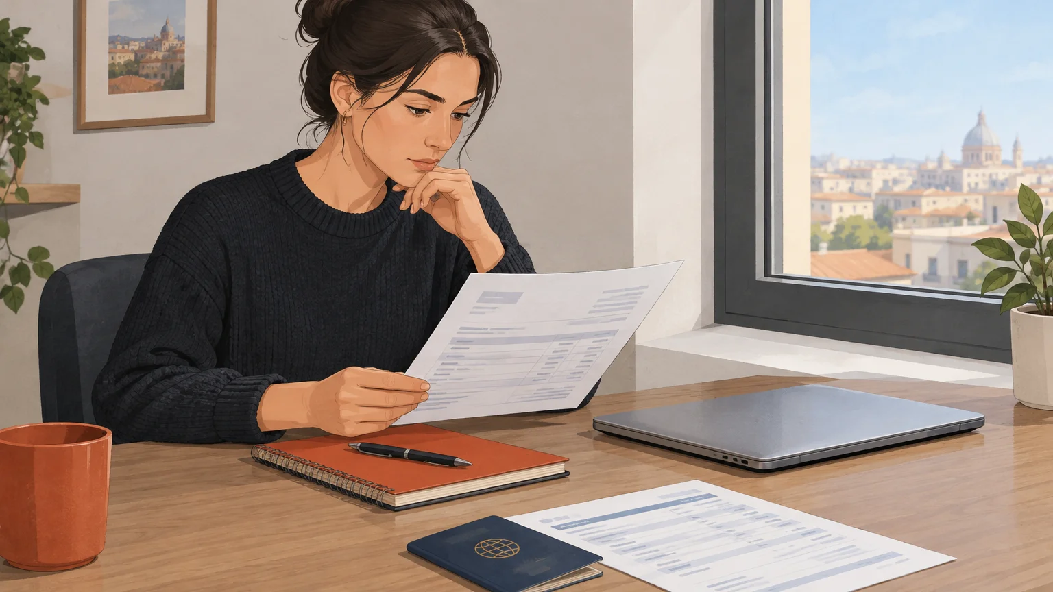 An international coach checks an invoice and payout details at a desk