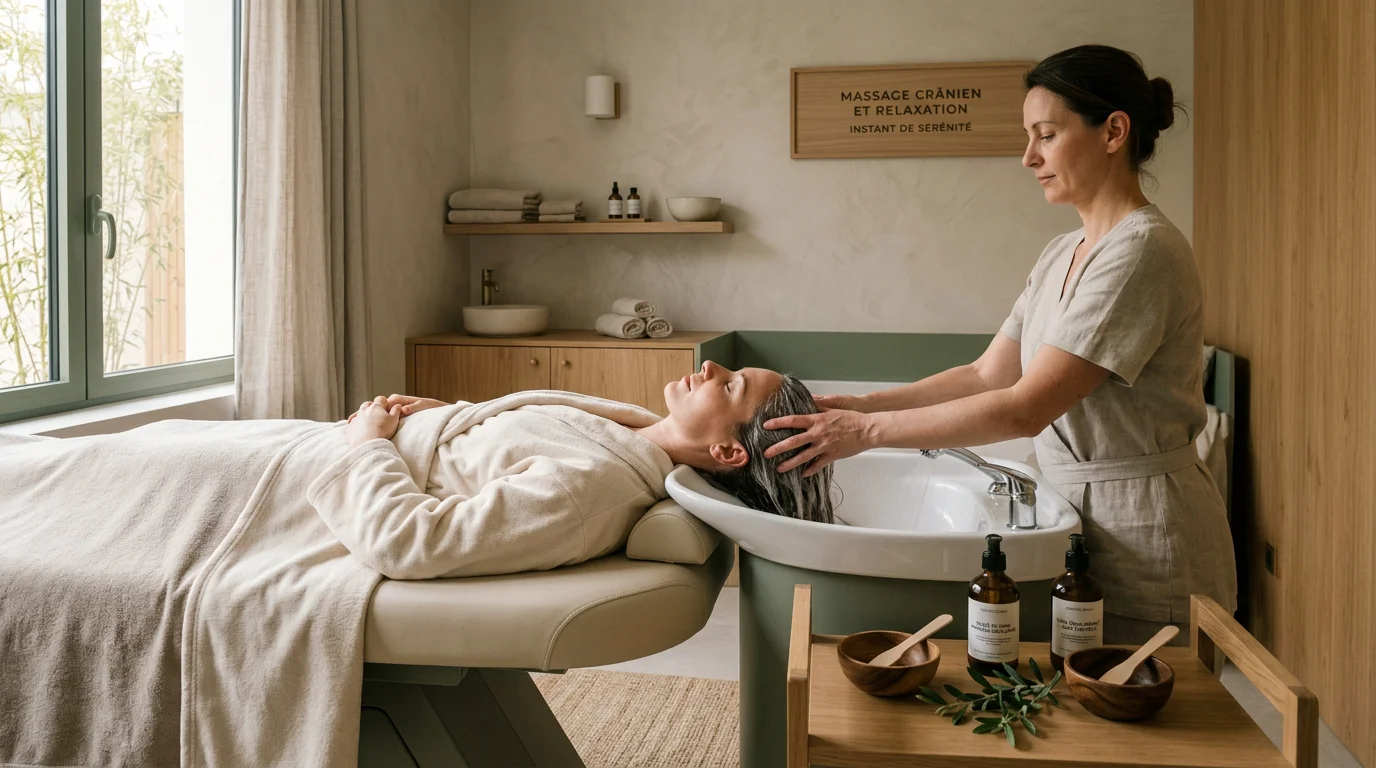 Cabine professionnelle équipée d'une table Head Spa lors d'un soin du cuir chevelu