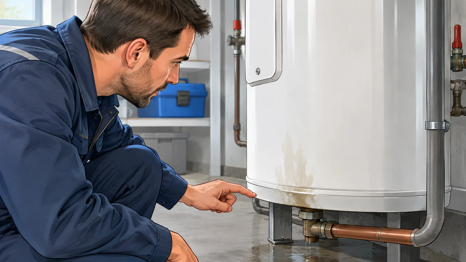 Inspection d’un raccord et d’une trace d’humidité sur un chauffe-eau avant diagnostic