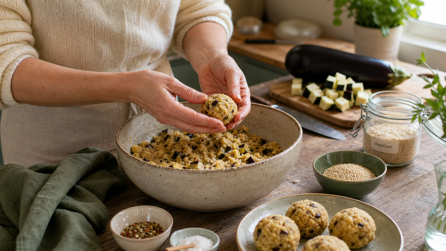 Préparation de boulettes de polenta et d’aubergines dans une cuisine familiale