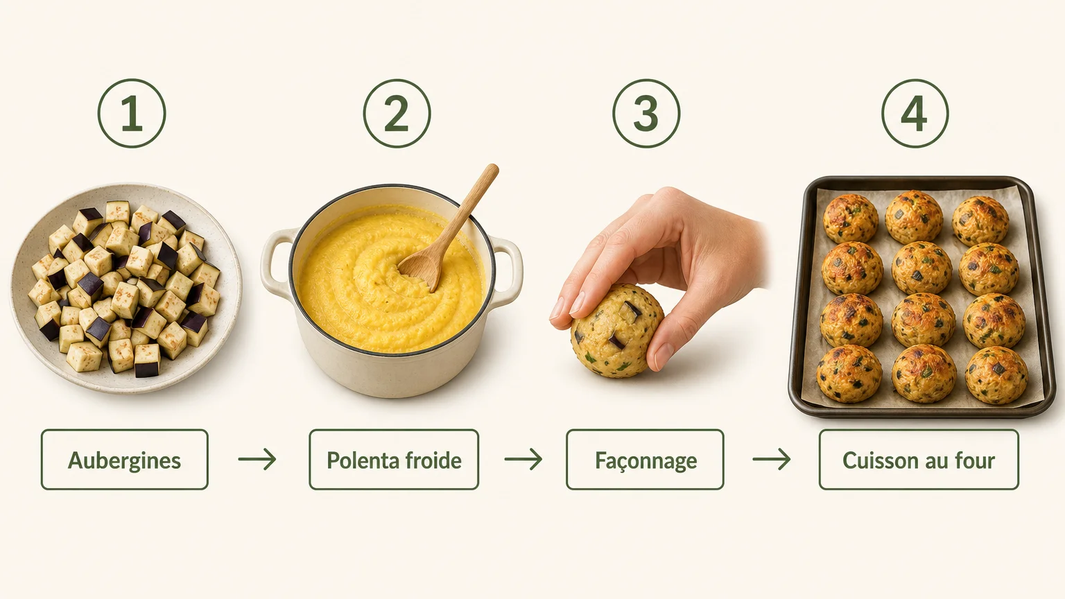 Checklist illustrée pour réussir des boulettes de polenta aux aubergines