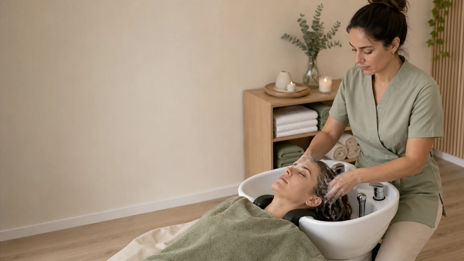 Praticienne réalisant un soin Head Spa dans un espace professionnel