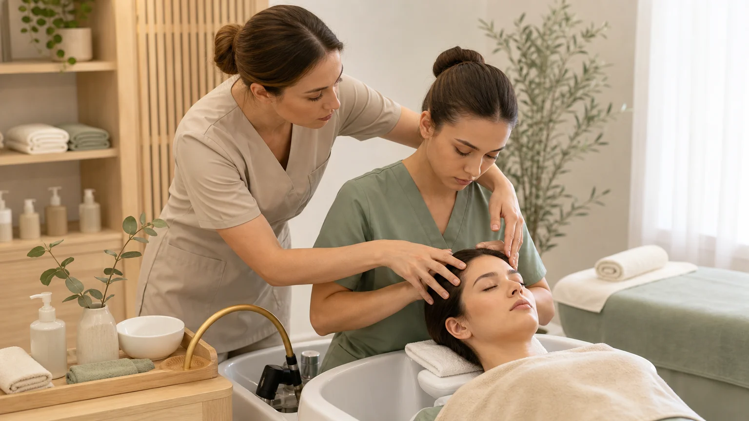 Pratique supervisée d’un massage du cuir chevelu pendant une formation Head Spa
