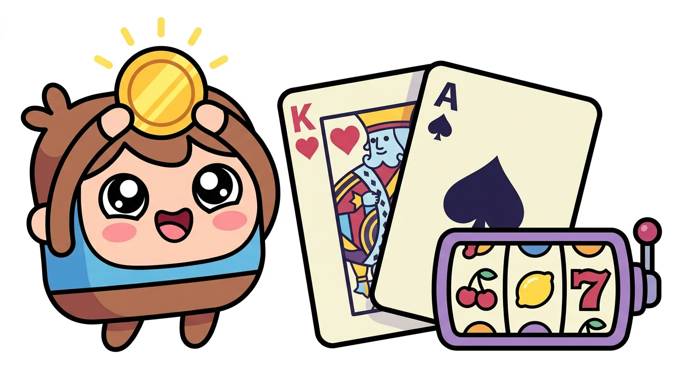 Chibi cartoon character holding a gold coin next to playing cards and a slot reel