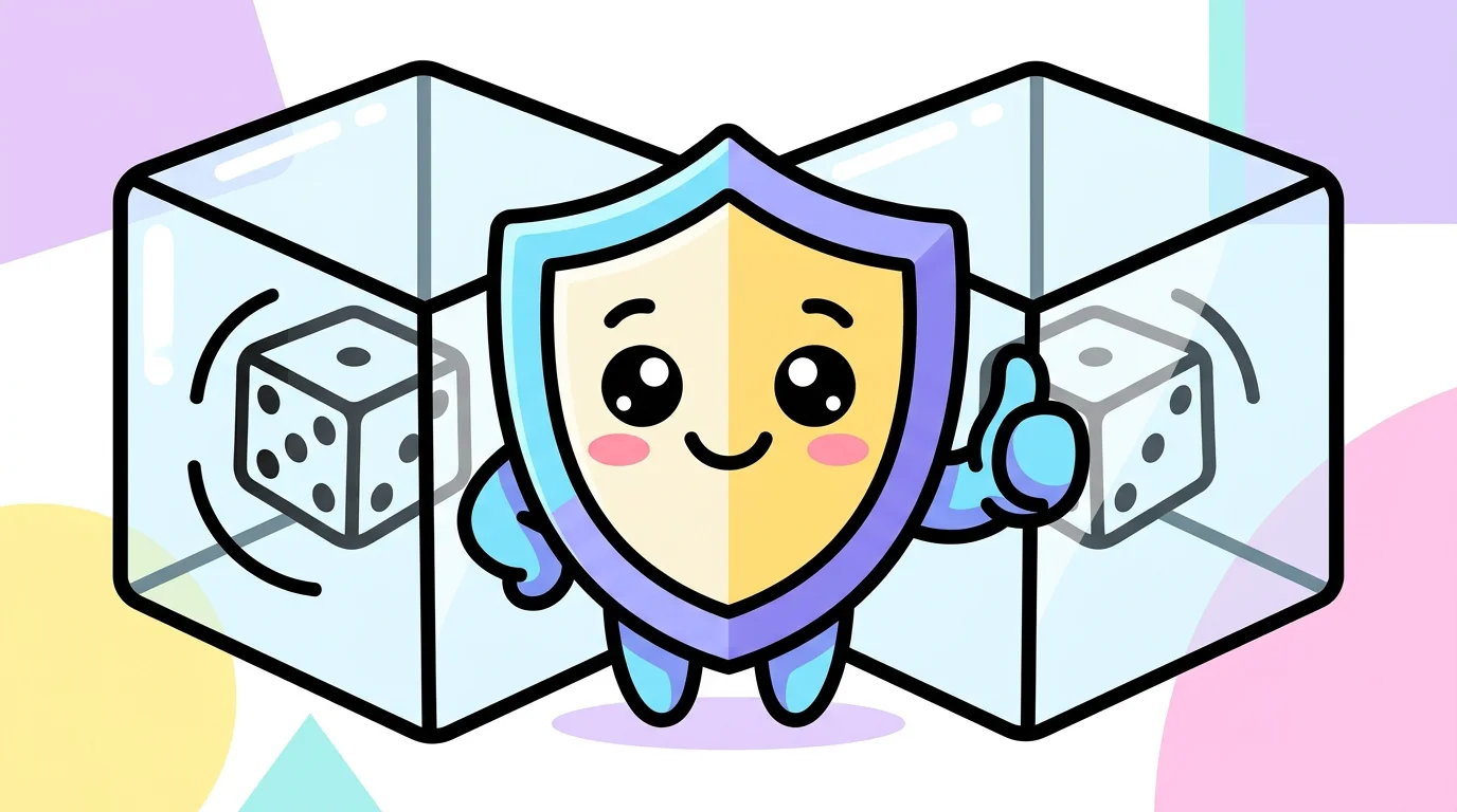 Chibi shield mascot giving a thumbs up beside a transparent cube with a dice icon