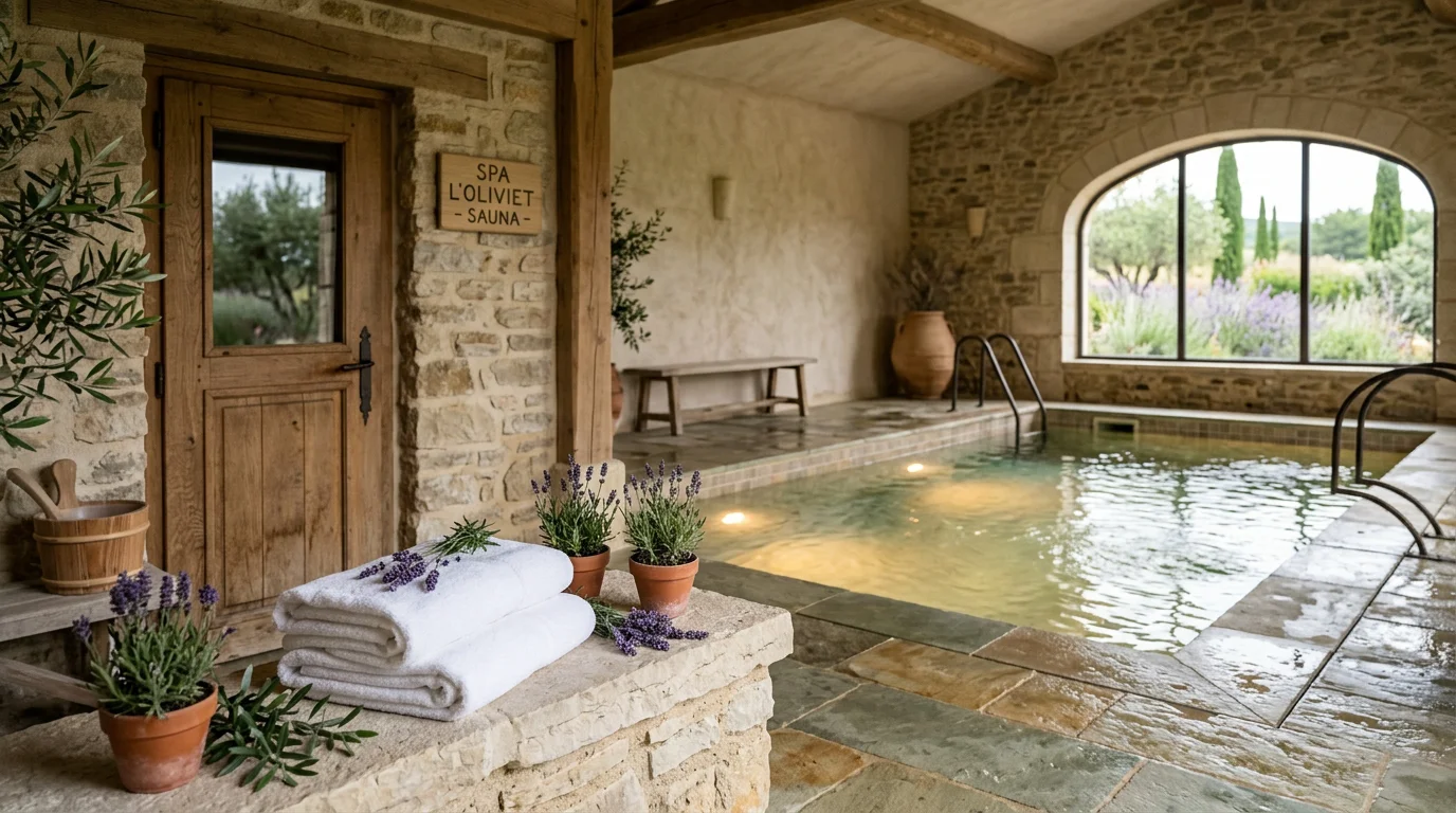 Espace bien-être d'un spa en Provence avec bassin chauffé, sauna et lavande