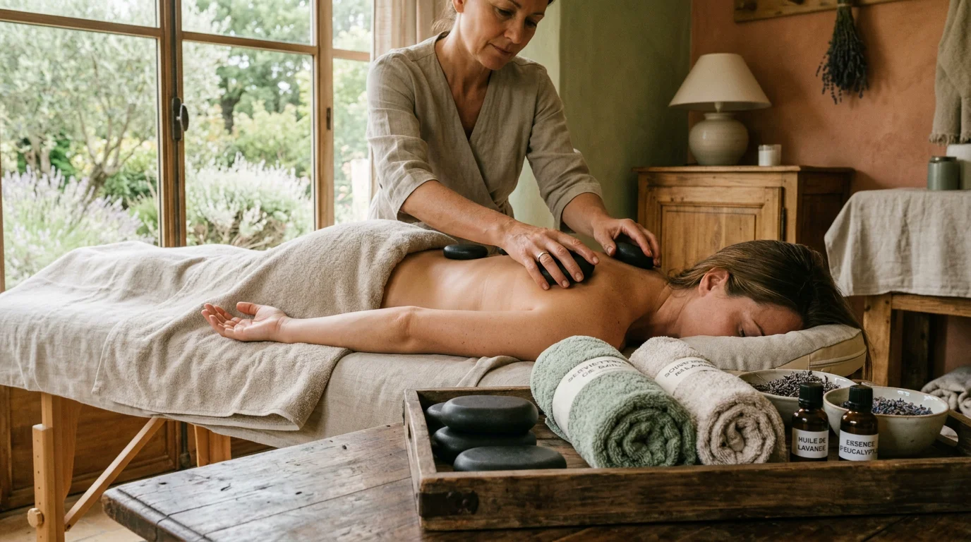 Massage aux pierres chaudes dans une cabine de soin d'un spa provençal