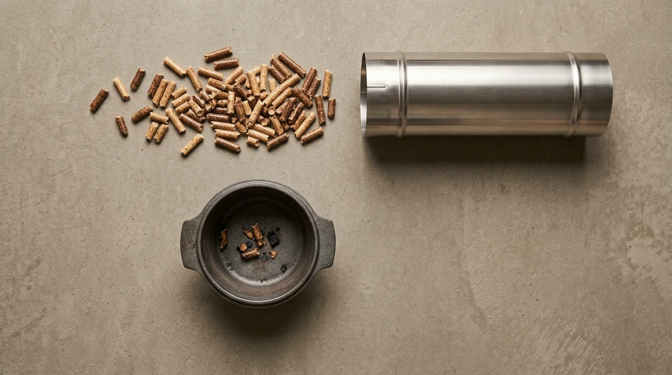 Granulés de bois, conduit inox et brasier de poêle à pellets