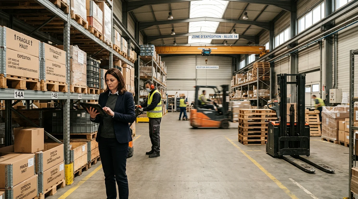 Responsable en entreprise vérifiant une livraison dans un entrepôt logistique