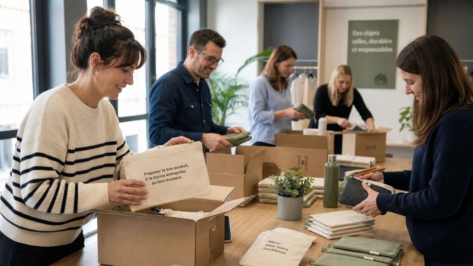 Professionnels européens distribuant des trousses publicitaires dans un espace de travail