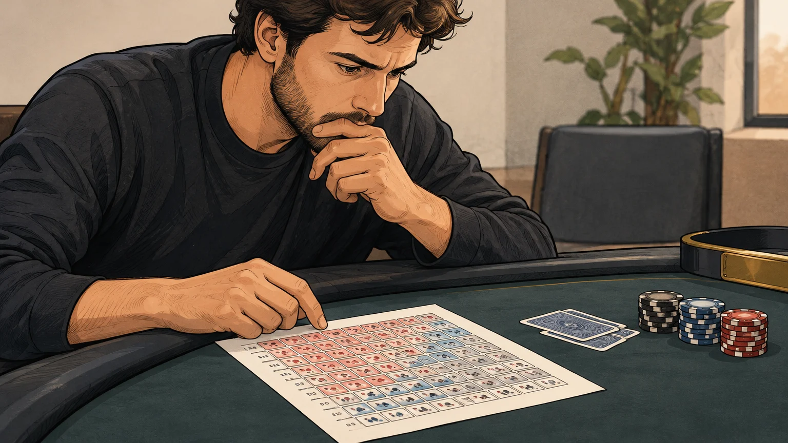 Une personne étudie une grille imprimée de mains de départ près de cartes et de jetons sur une table de poker.