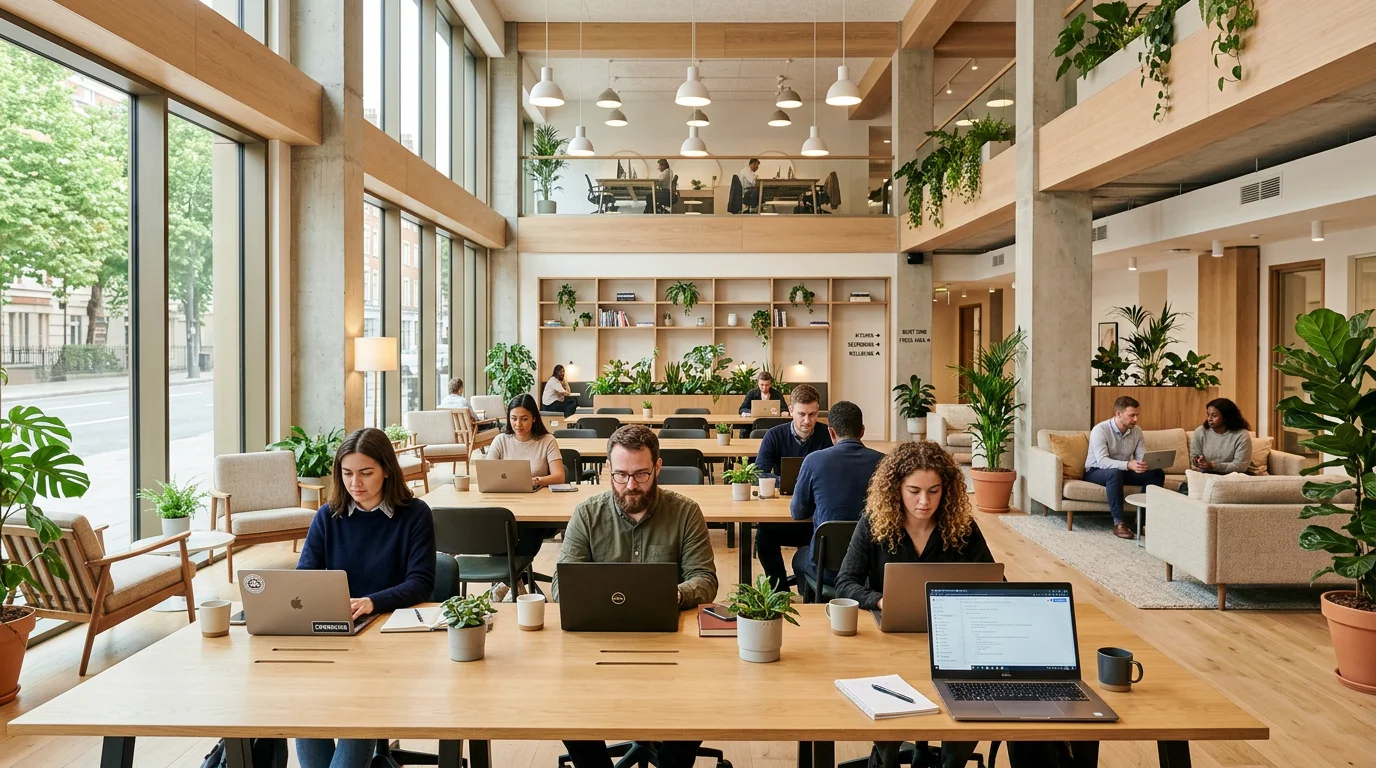 Professionals working at shared desks in a modern coworking space