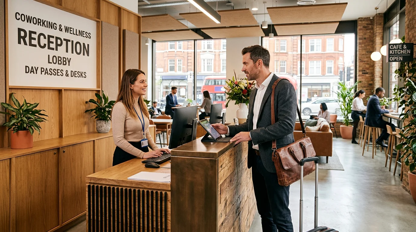 A business traveller checking in at a coworking space reception for a day pass