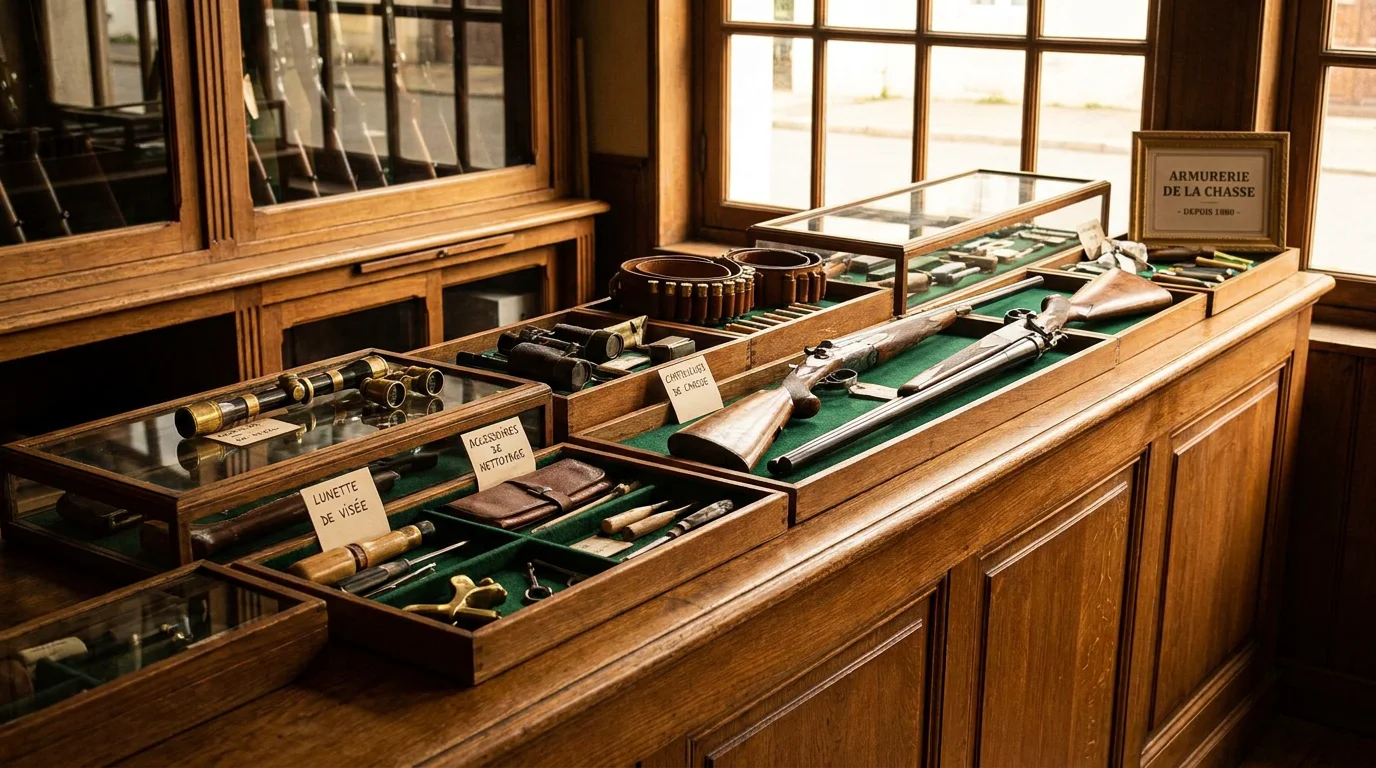 Présentation soignée d'armes à feu et d'accessoires dans une armurerie française