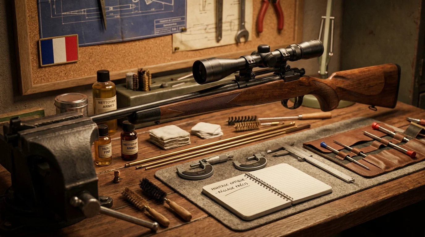 Atelier d'armurier avec outils de nettoyage et montage d'optique sur une carabine