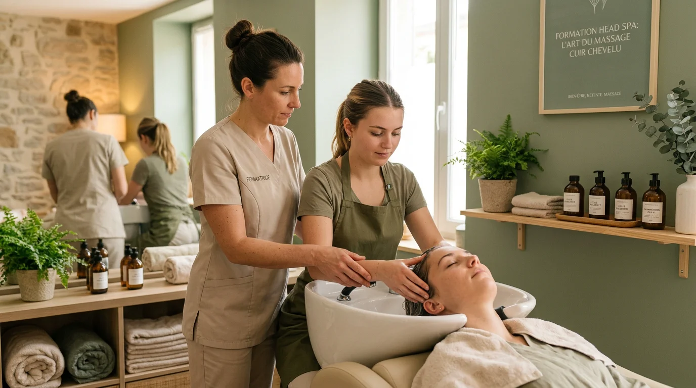 Séance de pratique en formation Head Spa dans un centre certifié