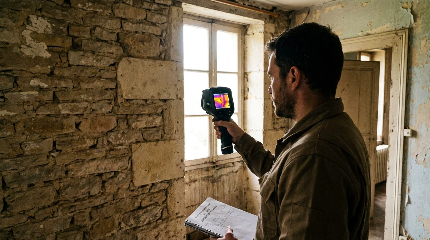 Diagnostiqueur immobilier certifié mesurant la performance thermique d'un logement ancien