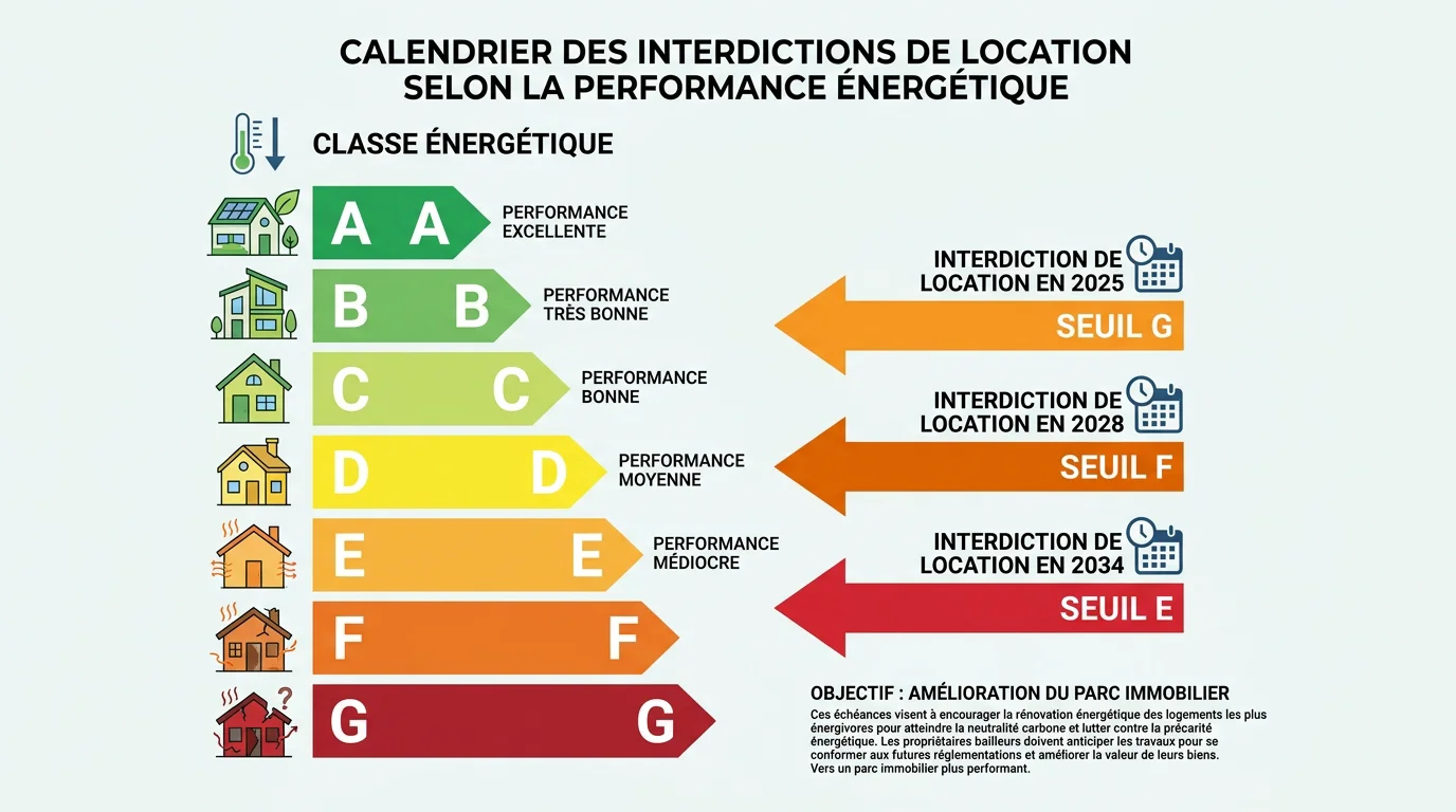 Échelle de classement DPE de A à G avec calendrier des interdictions de location