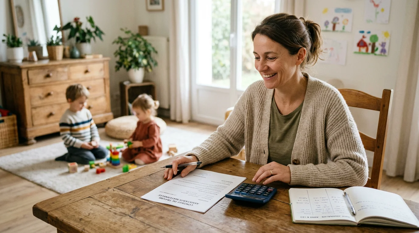 Une assistante maternelle calcule son salaire mensuel à une table en bois