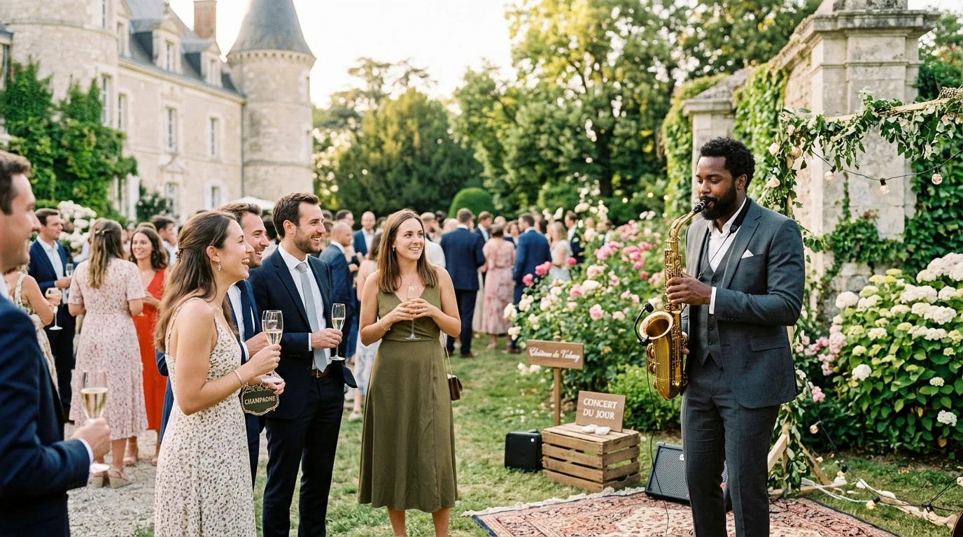 Saxophoniste animant un cocktail de mariage en extérieur