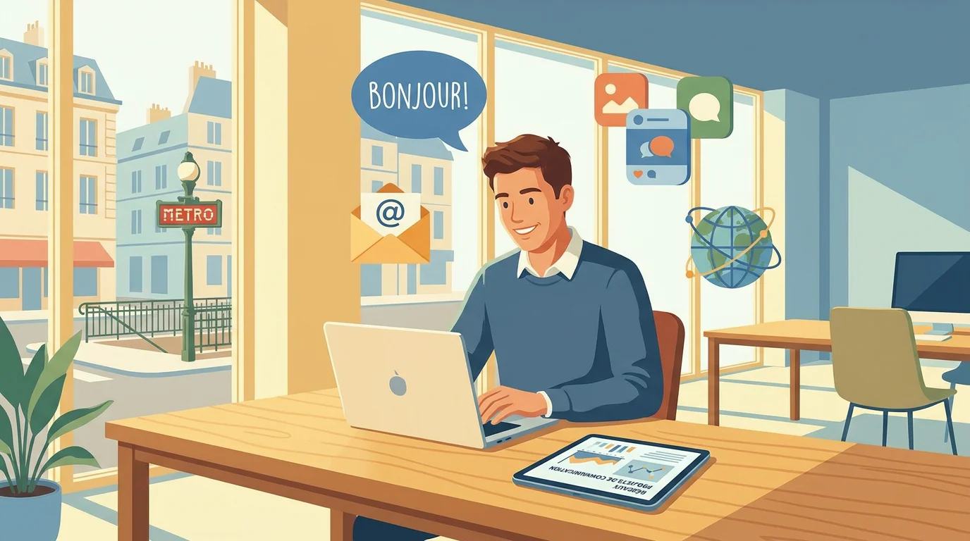 Étudiant en alternance communication travaillant dans un bureau moderne