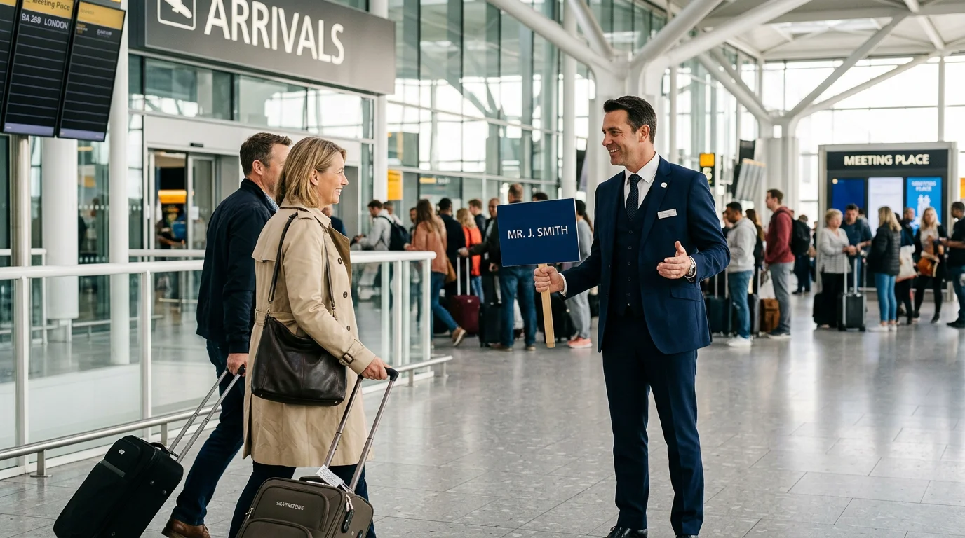 Chauffeur greeting travelers with a name sign in an airport arrivals hall