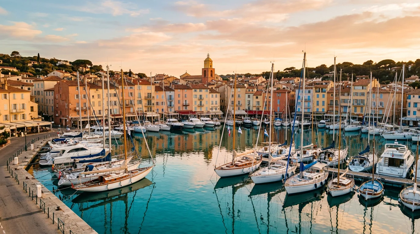 Saint-Tropez harbor with boats and Provencal facades at golden hour