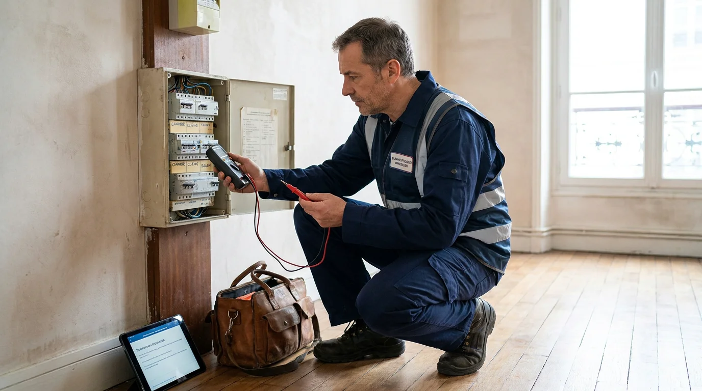 Diagnostiqueur certifié contrôlant une installation électrique dans un appartement ancien