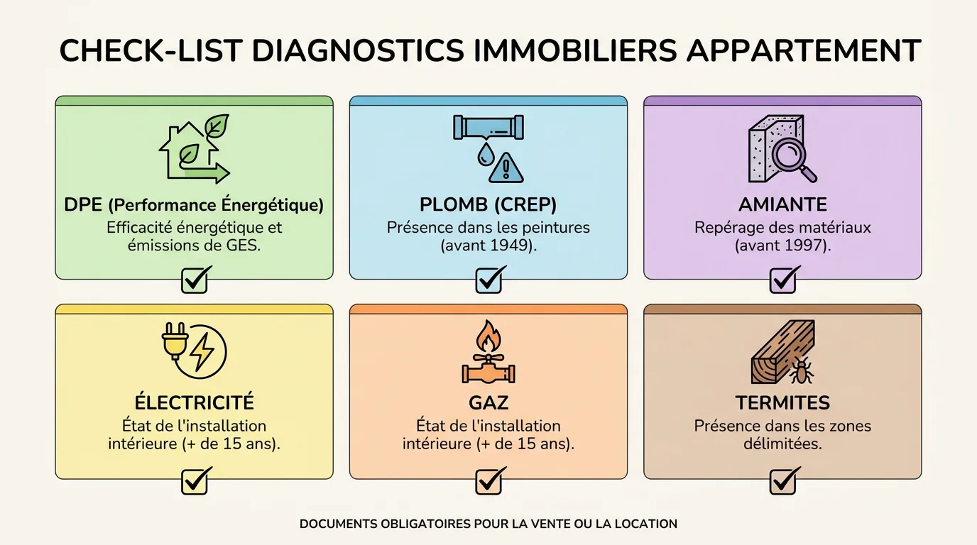 Infographie récapitulant la liste des diagnostics obligatoires pour un appartement en copropriété
