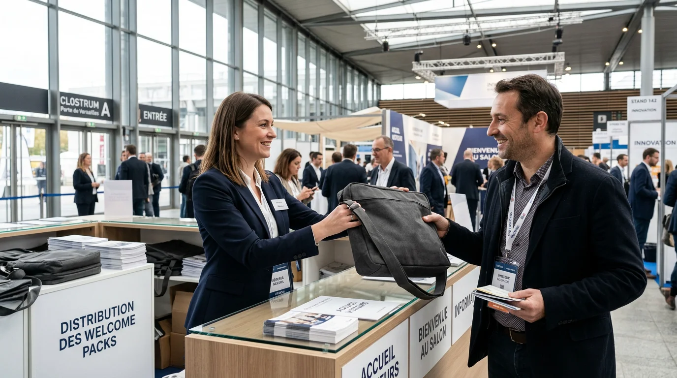 Distribution de besaces personnalisées sur un stand de salon professionnel