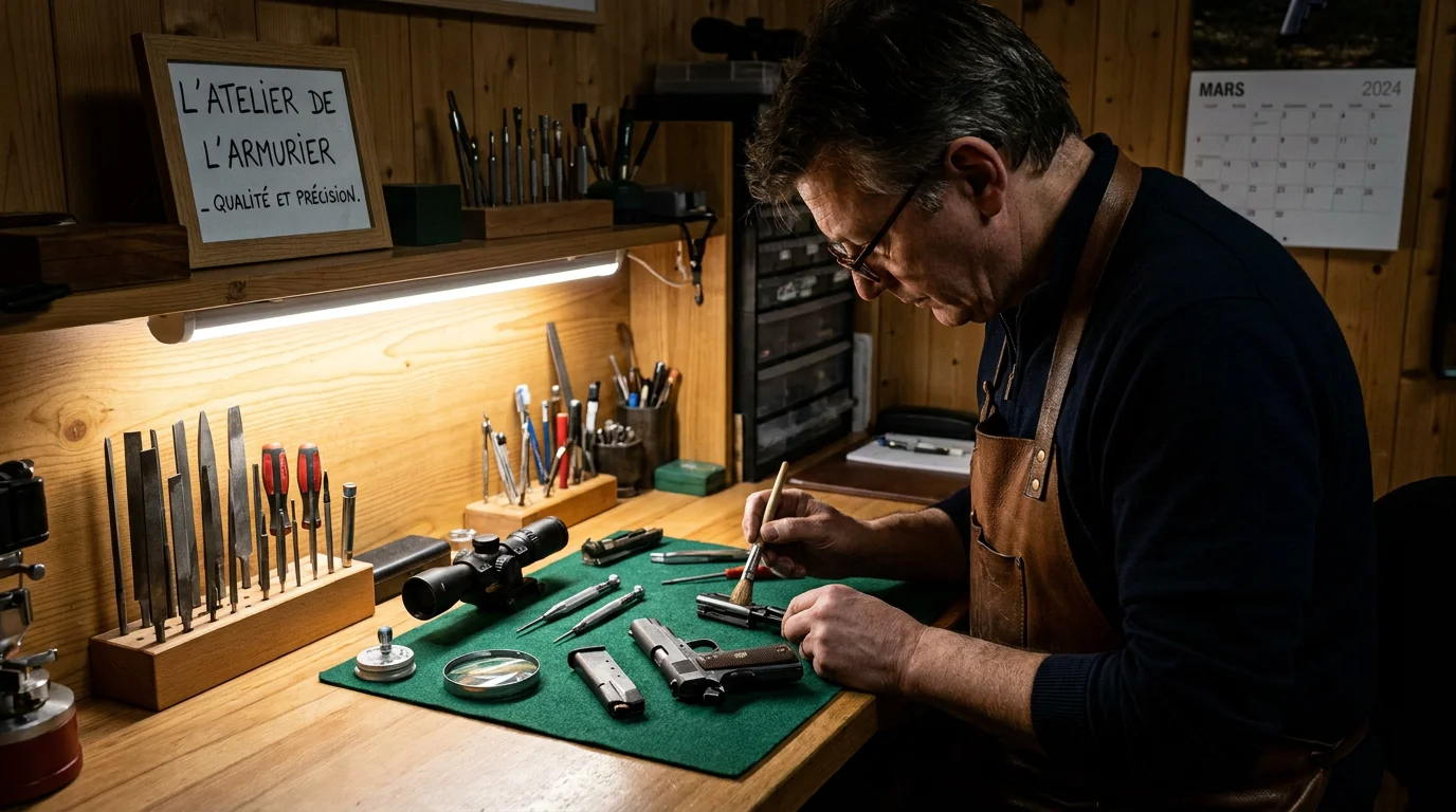 Armurier inspectant et entretenant une arme dans un atelier professionnel