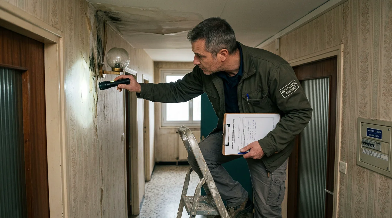 Diagnostiqueur inspectant les matériaux d'un logement ancien pour rechercher l'amiante