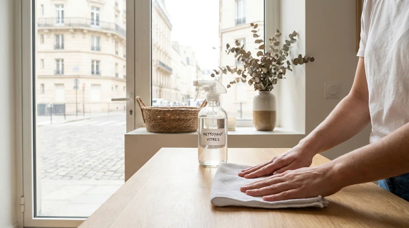 Préparation d'une lingette microfibre propre avant le nettoyage d'une vitre