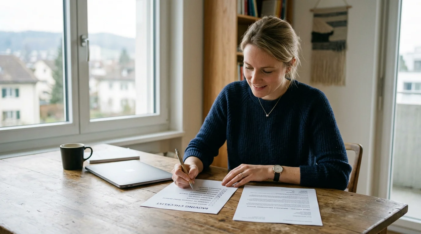 A person reviewing an insurance notification and a moving checklist at a desk