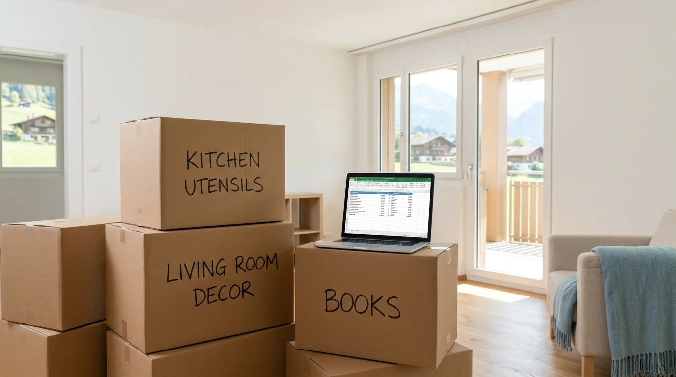 Moving boxes and a laptop in a bright apartment during a canton relocation