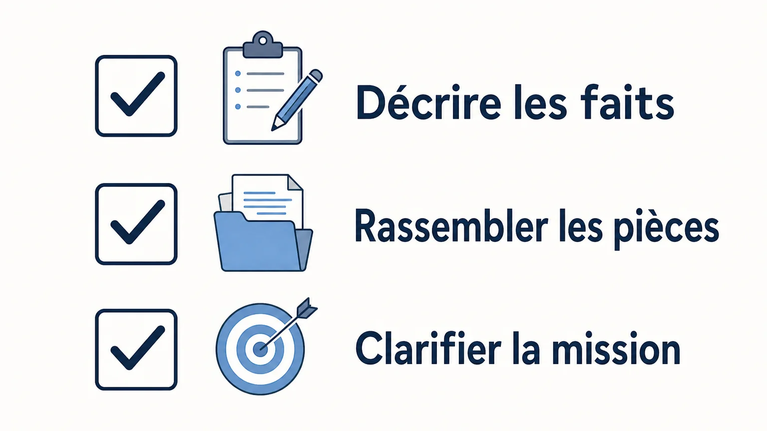 Checklist illustrée des étapes pour décrire les faits, rassembler les pièces et clarifier la mission.