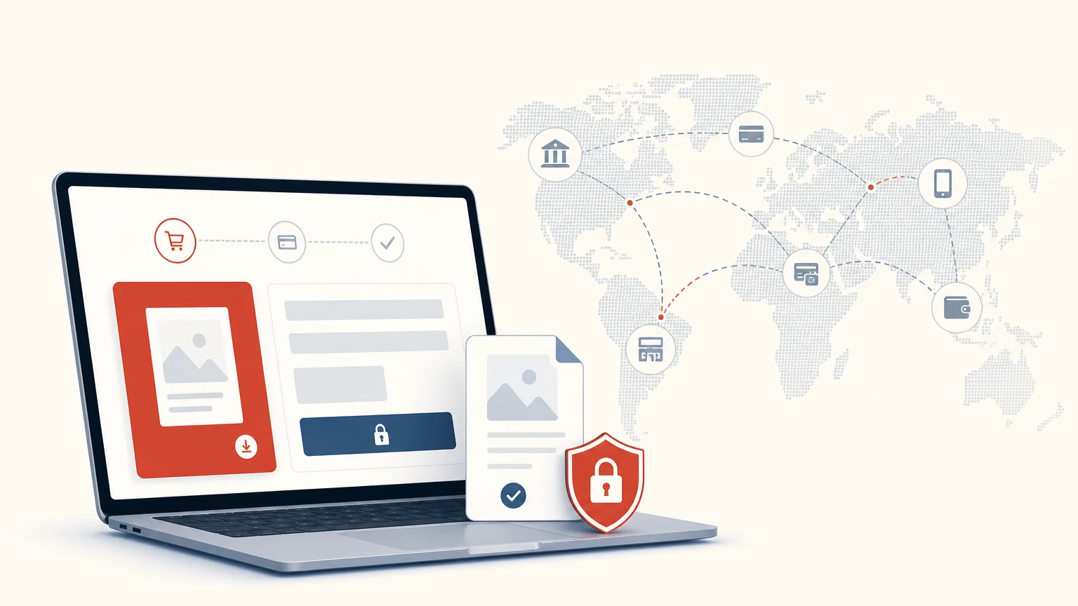 Professional editorial illustration of a creator selling digital templates worldwide through a secure checkout