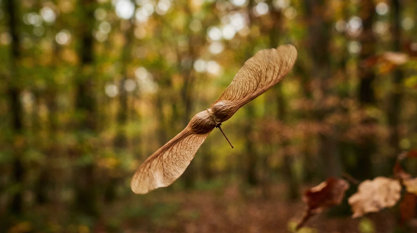 Samare d'érable tournoyant dans la lumière d'automne