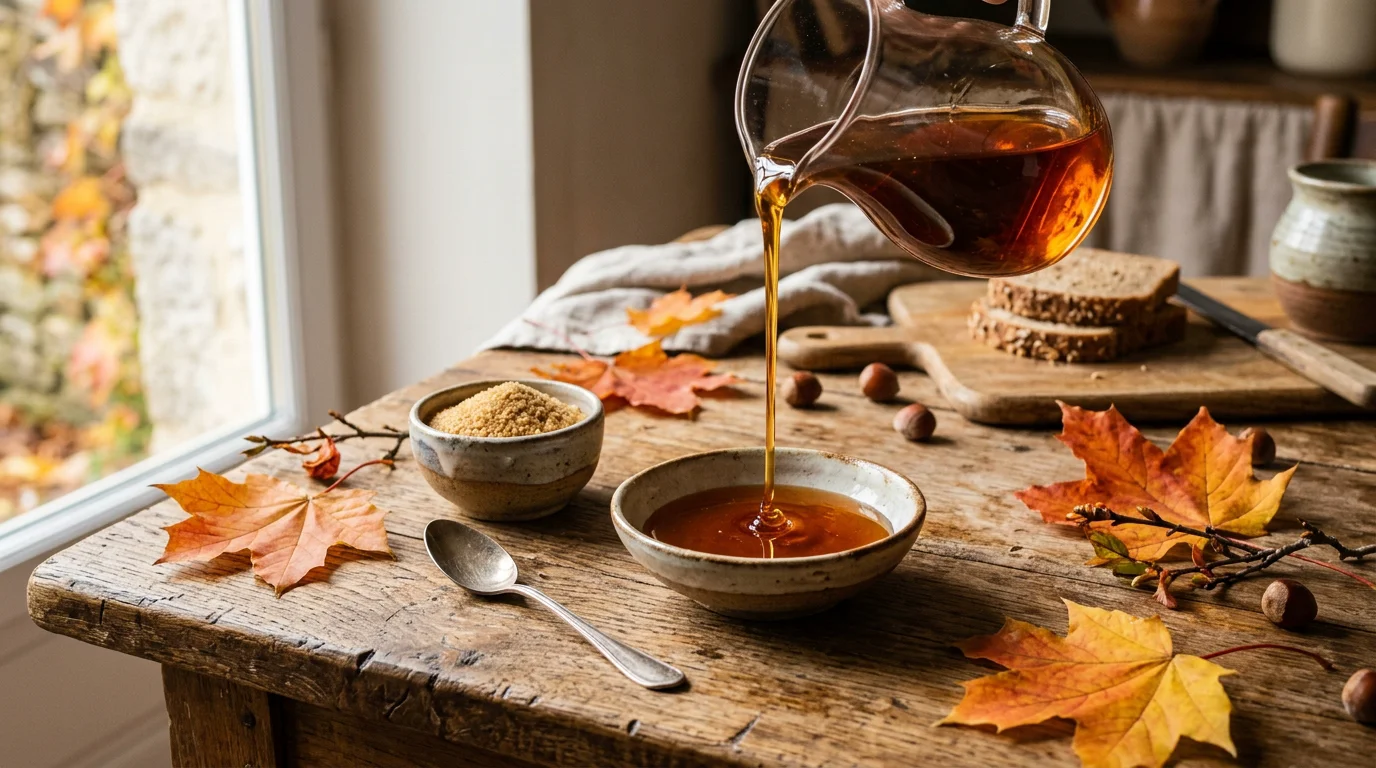 Sirop d'érable ambré versé sur une table en bois avec du sucre d'érable