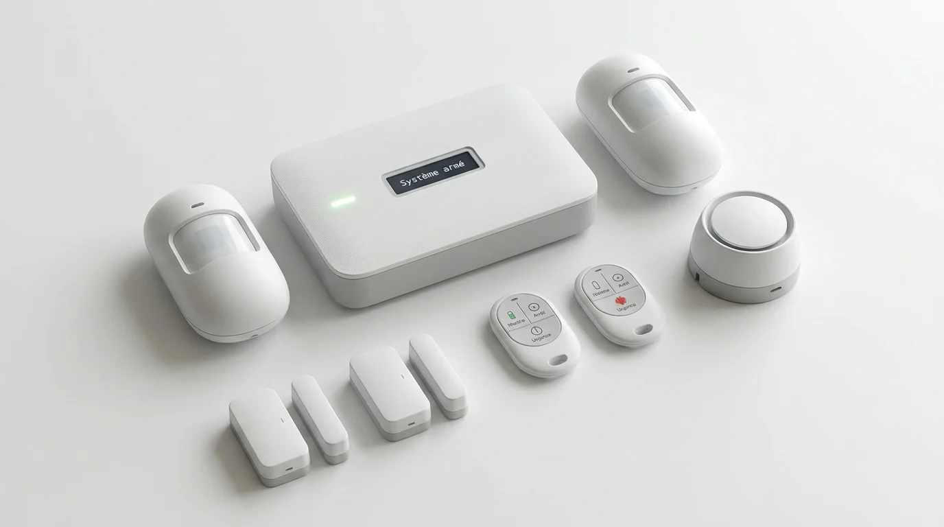 Composants d'un kit d'alarme sans fil : centrale, détecteurs de mouvement, capteurs d'ouverture et télécommandes