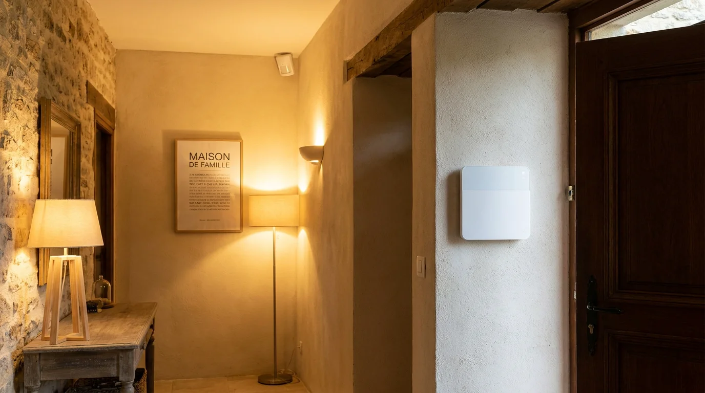 Centrale d'alarme sans fil installée dans l'entrée d'une maison avec un détecteur de mouvement