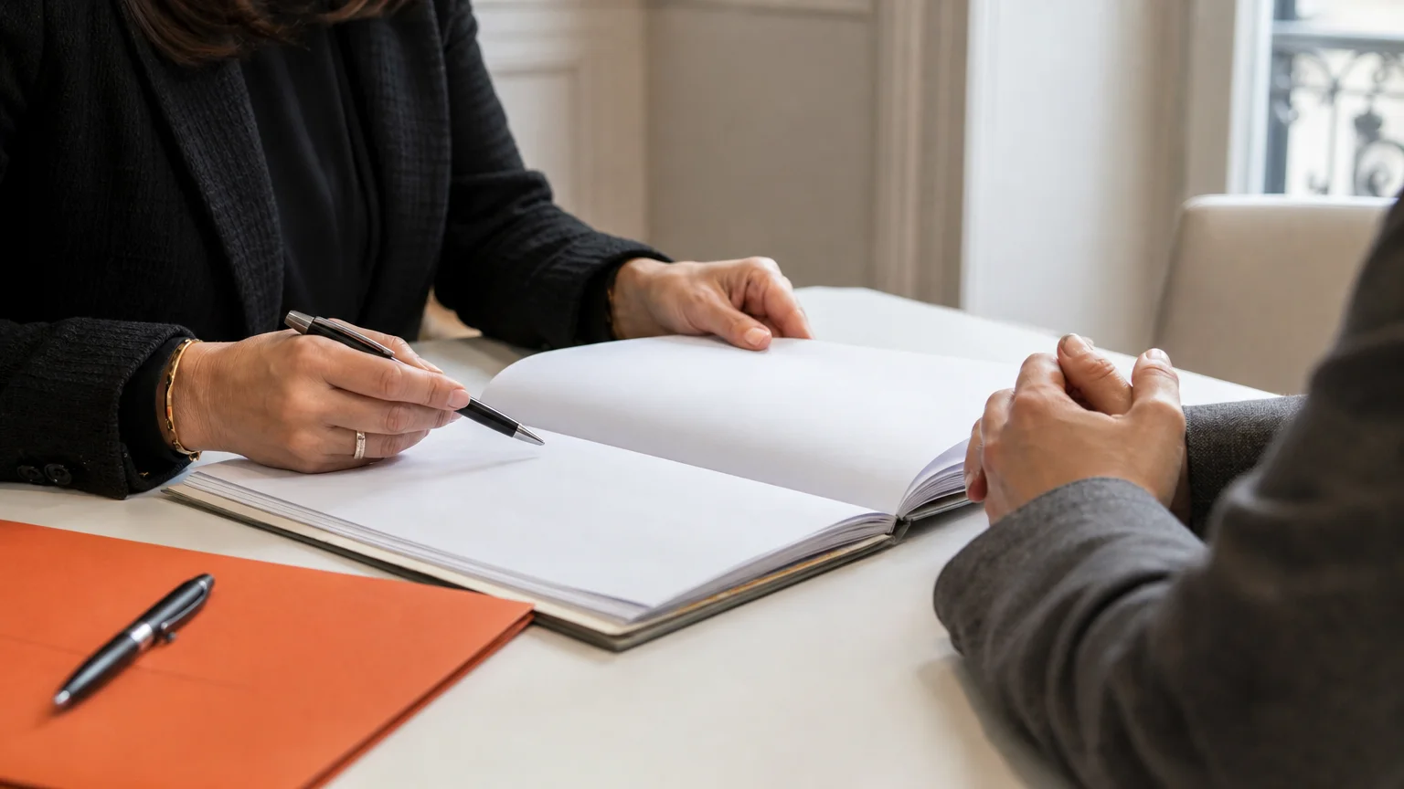 Mains d’un avocat et d’un client consultant un dossier juridique sur un bureau