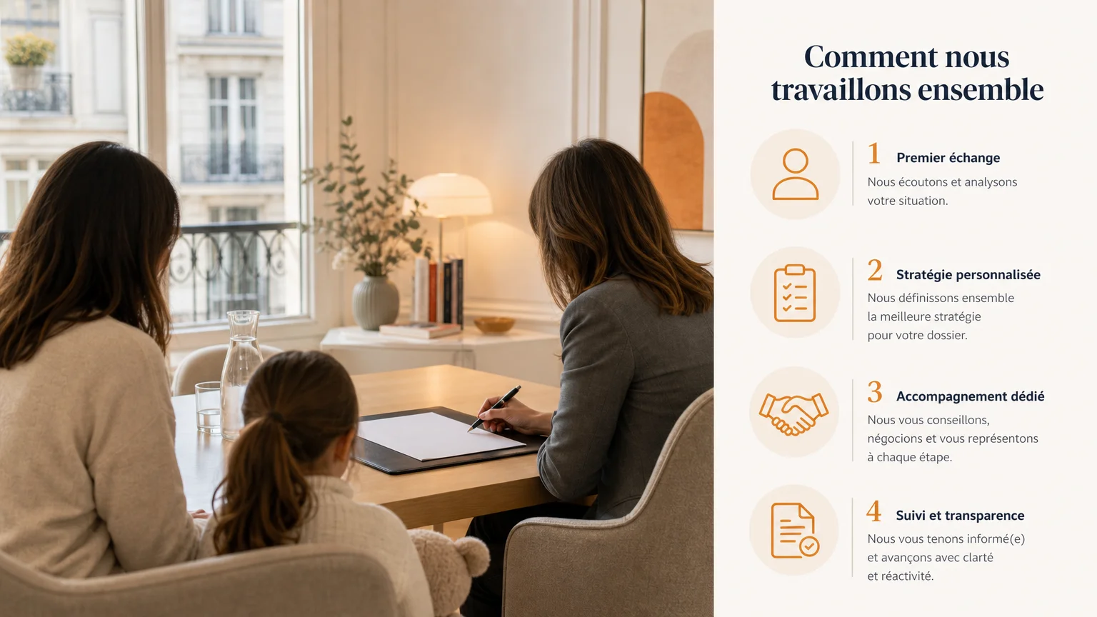 Famille réunie autour d’un document dans un espace de consultation juridique lumineux