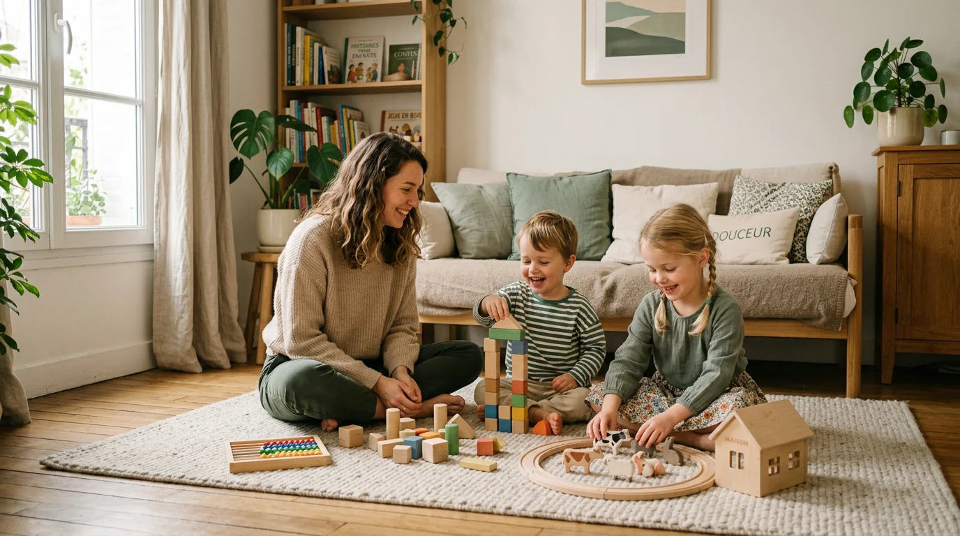 Une babysitter à domicile joue avec deux jeunes enfants dans un salon