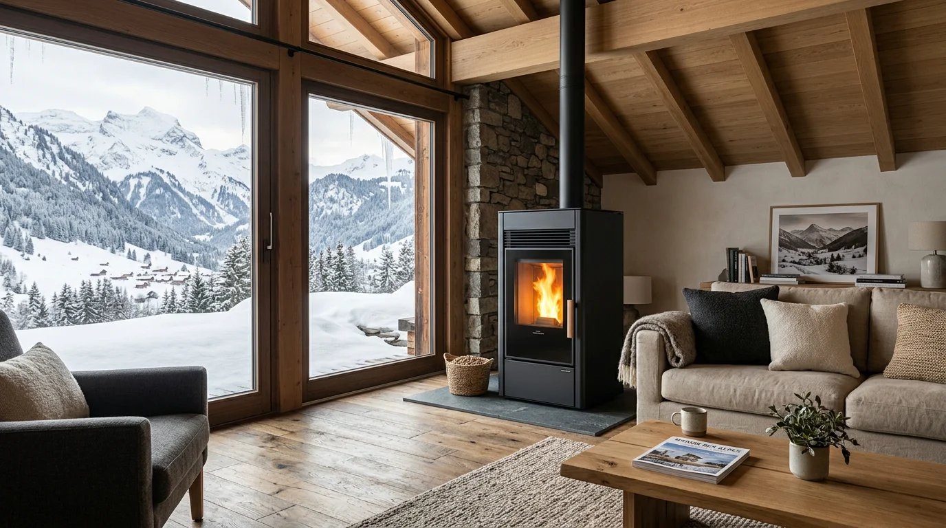 Poêle à pellets moderne allumé dans un salon suisse en hiver