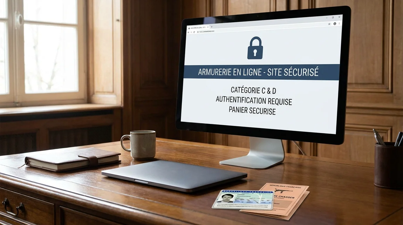 Écran d'ordinateur affichant un site d'armurerie en ligne avec des documents administratifs français sur un bureau