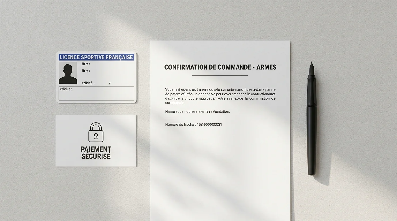 Mise à plat illustrant les étapes d'achat d'une arme en ligne en France avec documents et licence de tir